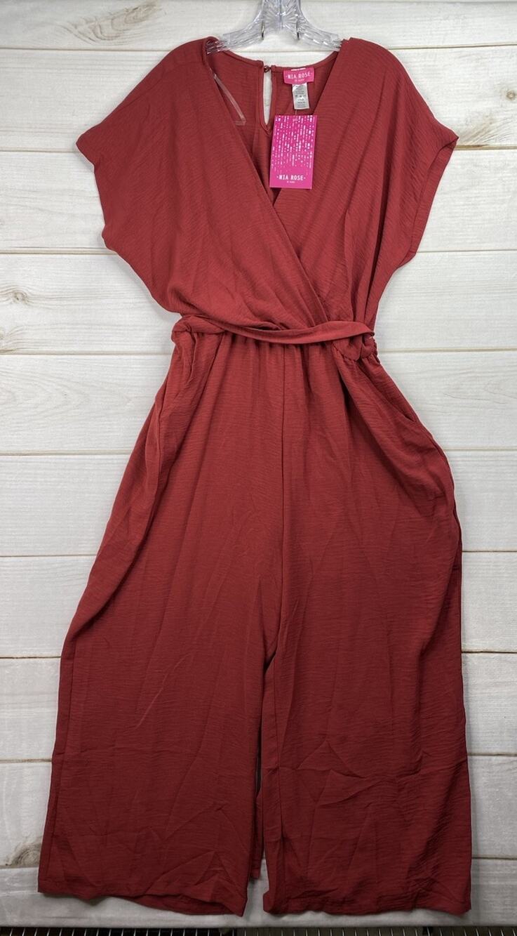 Mia Rose Jumpsuit Romper Womens 2X Brick Red Wide Leg Cap Sleeve Faux Wrap NWT